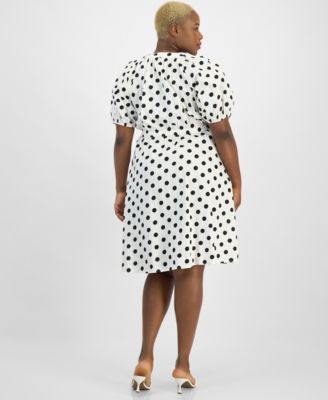 Plus Size Dot-Print Puff-Sleeve Smocked-Waist Midi Dress  
