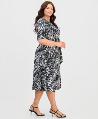 Plus Size Printed Knit Faux-Wrap Belted Dress