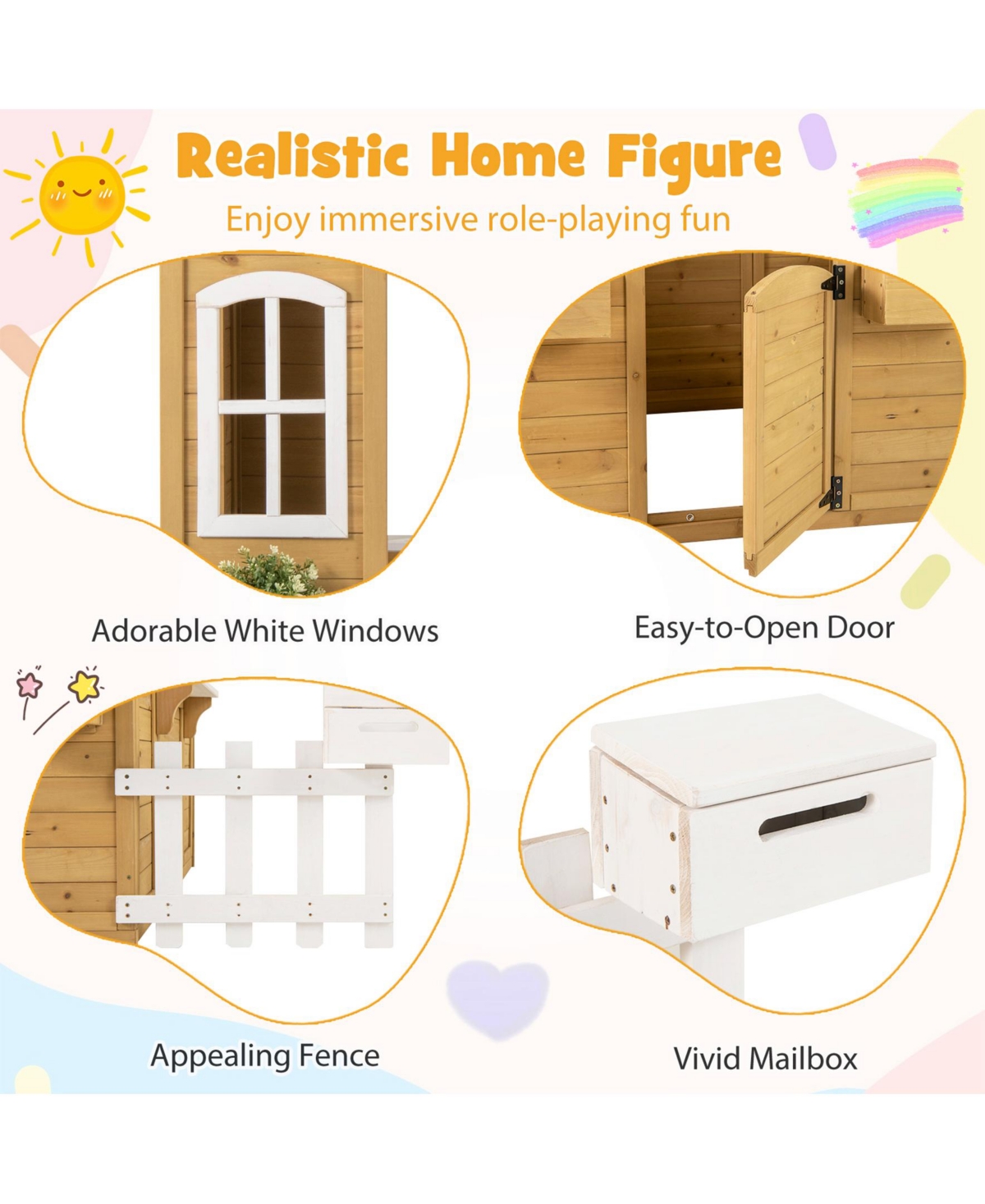 Sugift Wood Playhouse with Bench and Serving Stations for 2+ Years Old Kids