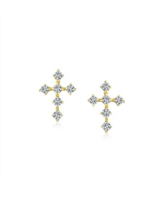 Tiny Minimalist Cubic Zirconia CZ 14K Gold Religious Cross Stud Earrings Screwback