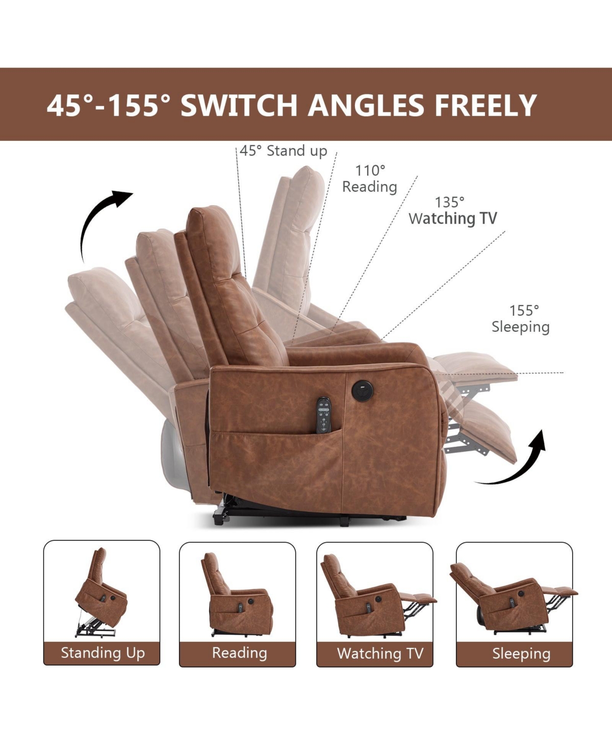 Boyel Living Faux Leather Power Lift Recliner Chair 155° with Massage Heat Usb for Indoor Elderly