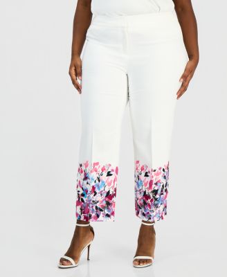 Plus Size Floral-Trim Straight-Leg Ankle Pants