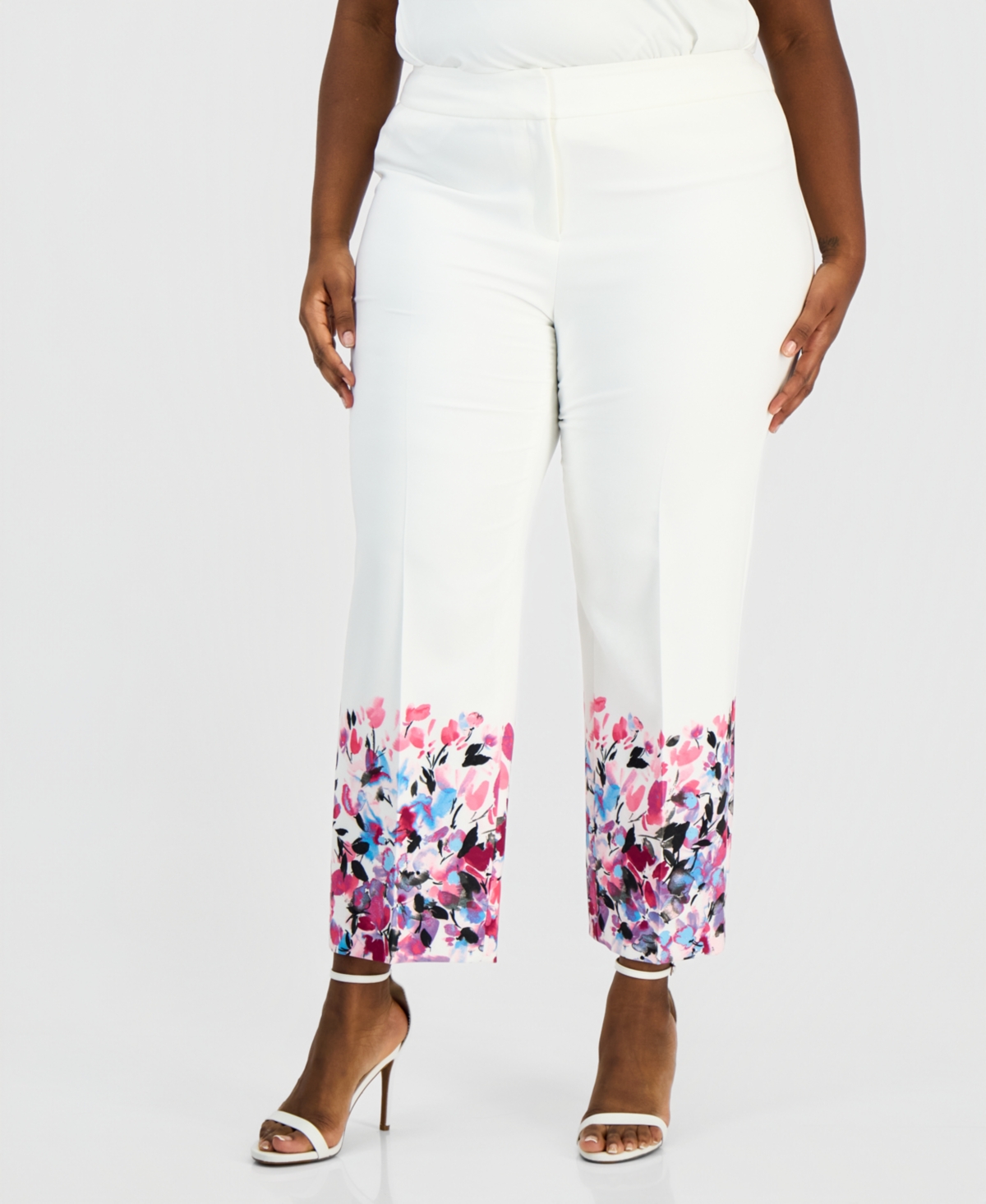 Kasper Plus Floral-Trim Straight-Leg Ankle Pants
