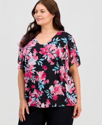 Plus Size Printed V-Neck Tulip-Sleeve Blouse
