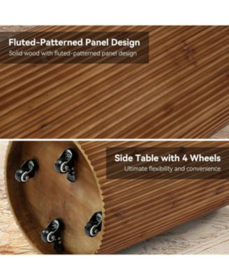 Solid Wood Round Side Table with Storage Set of 2, No-Assembly Fluted End Table with 4 Wheels, Wooden Nightstand