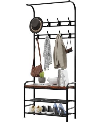 Entryway Hall Tree, 4-in-1 Freestanding Coat Rack with Shoe Storage Bench, 3-Tier Shelf, Hanging Rod, and 8 Adjustable Hooks for Entryway