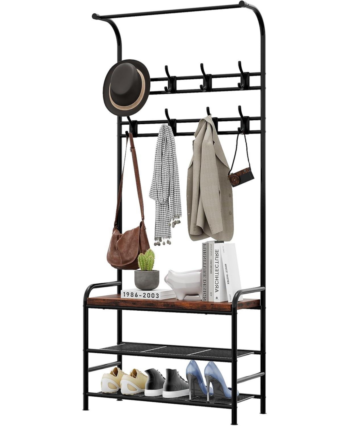 gaomon Entryway Hall Tree, 4-in-1 Freestanding Coat Rack with Shoe Storage Bench, 3-Tier Shelf, Hanging Rod, and 8 Adjustable Hooks for Entryway