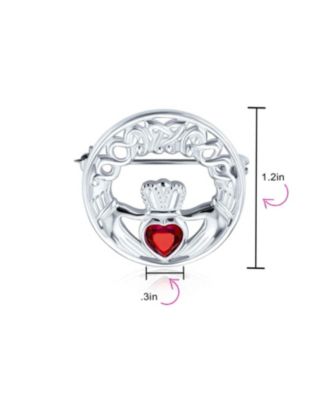 Celtic Round Circle Red Heart Shaped Claddagh Brooch Pin CZ .925 Sterling Silver