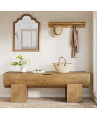 Storage Bench with Safety Hinges, 55 Inch Farmhouse Shoe Bench with Flip-Top, Natural