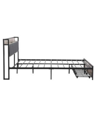 Queen Size Metal Platform Bed Frame with Storage and USB Headboard