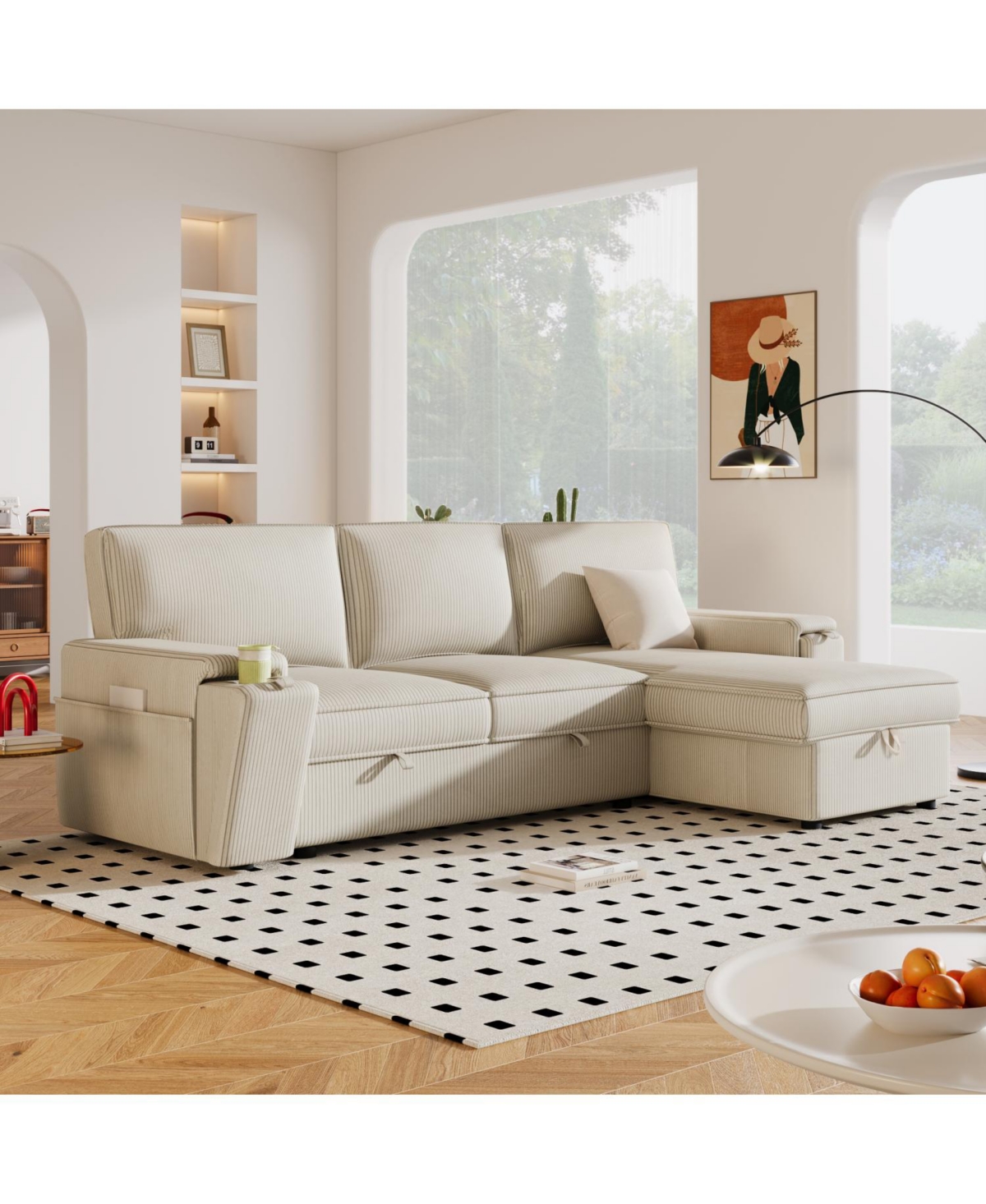 Simplie Fun Upholstery Sleeper Sectional Sofa With Storage Bags And 2 Cup Holders On Arms