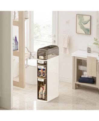 4-Tiers Slim Bathroom Storage Cabinet, Narrow Storage Waterproof Skinny Bathroom Cabinet with Wheels and Toilet Paper Holder for Small Spaces