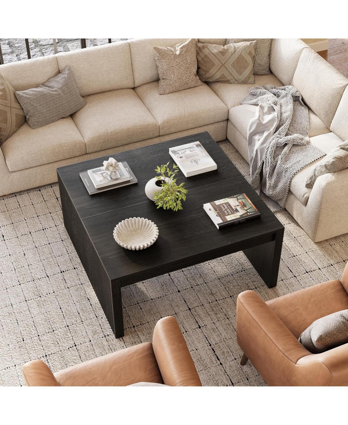 Tribesigns Square Coffee Table, 39.4-Inch Fluted Coffee Tables, Mid-Century Modern Center Cocktail Table, Black