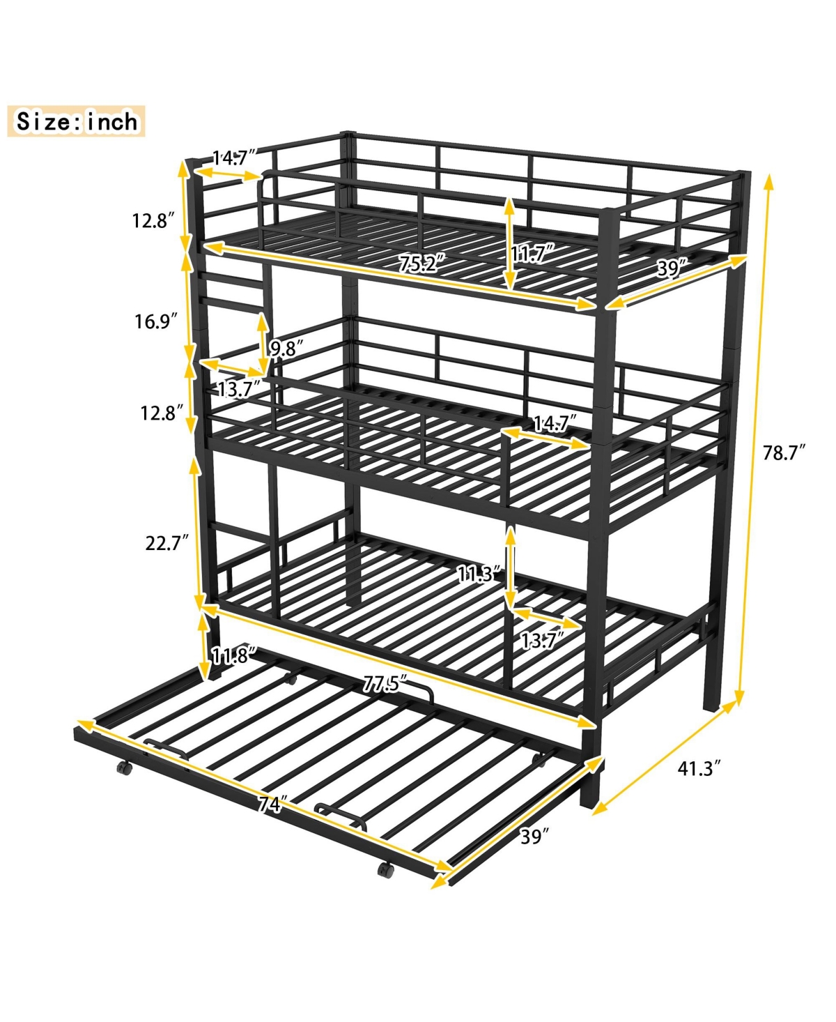 Boyel Living Metal Twin Triple Bunk Bed With Trundle