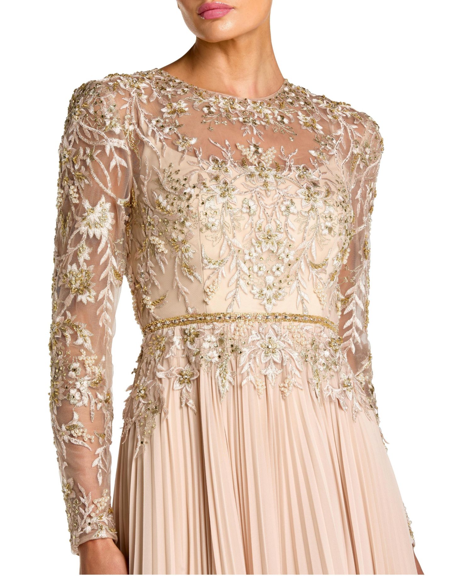 Petite Long Sleeve Chiffon Embellished Gown