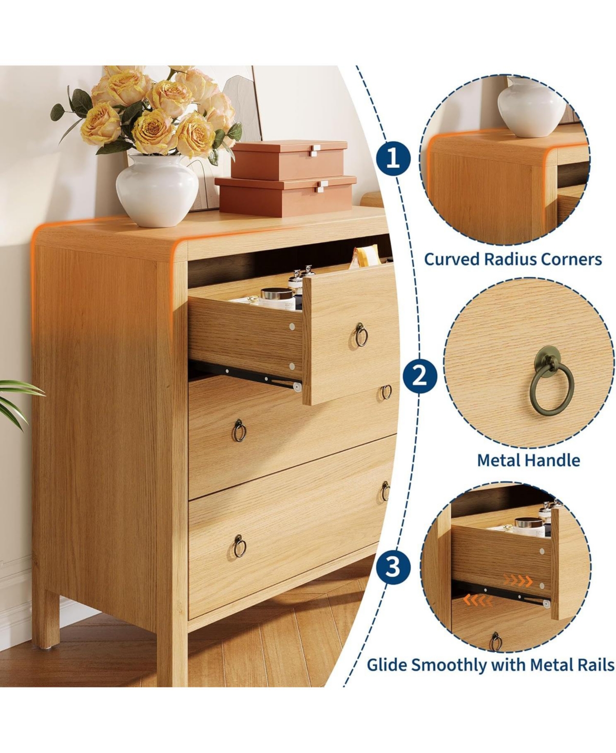 gaomon 3-Drawer Modern Bedroom Dresser Chest Closet Storage Cabinet Organizer for Bedroom, Living Room, Hallway, Office