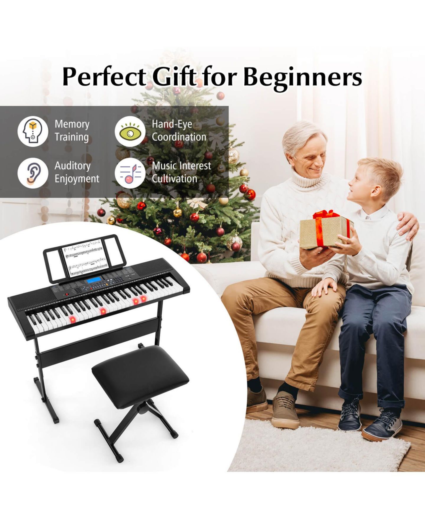Детские игрушки Costway 61-Key Electric Piano Keyboard with 3 Teaching Modes and Lighted Keys, 7-Piece Set, Ages 5+, цвет: Чёрный — фото 8