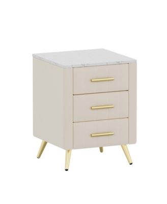 Velvet Nightstand with 3 Drawers, Upholstered Bedside Table with Faux Marble Top and Metal Legs for Bedroom and Living Room