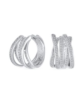 Elegant Micro Pave CZ Wide Open Criss Cross Huggie Hoop Earrings Silver Plated