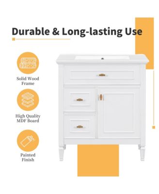 30 in. Bathroom Vanity Cabinet with Sink, One Flip Drawer and Two Drawers, Adjustable Shelf, Solid Wood and MDF