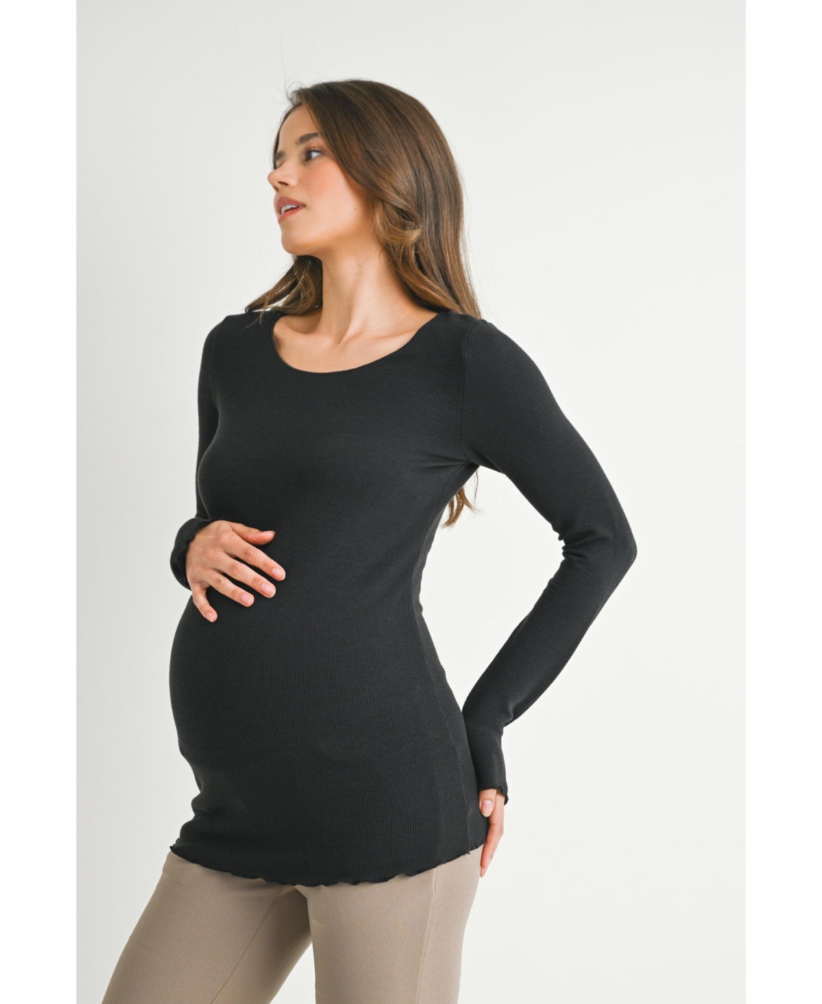 Hello Miz Women's Ribbed Long Sleeve Scoop Neck Maternity Top