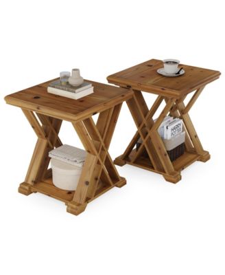 Solid Wood Side Table Set of 2, Farmhouse Narrow Nightstand, Small Square 2-Tier End Table for Living Room & Bedroom, Brown