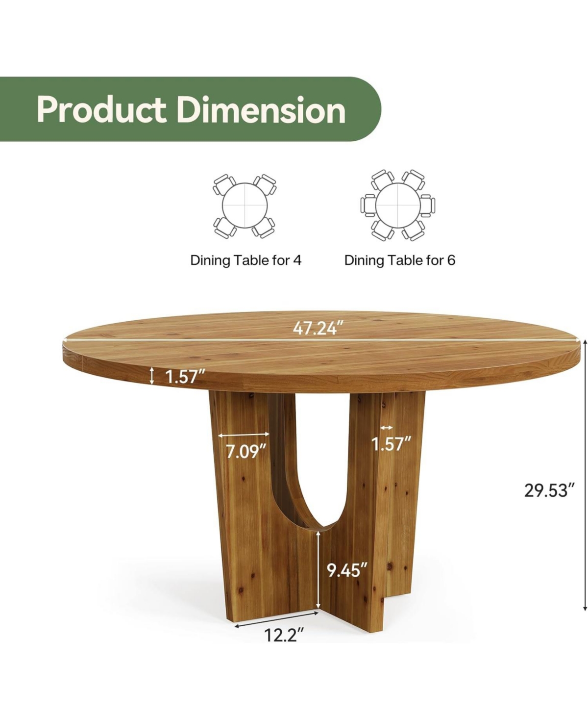 Tribesigns Solid Wood Round Dining Table, 47.2" Farmhouse Kitchen Table for 4-6 People, Kitchen, Living Room, Brown
