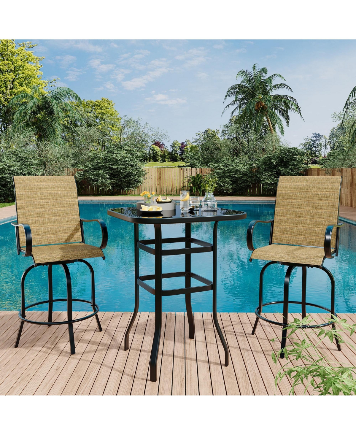 gaomon 3 Piece Patio Swivel Bar Sets, 3PCS Outdoor High Top Bar Set with 2 Outdoor Swivel Chairs and Glass Bar Table