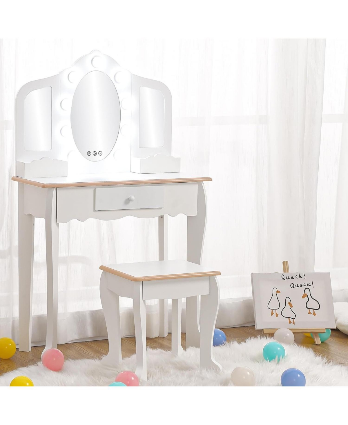 gaomon Kids Vanity Set with 3 Mirrors, Pretend Play Girls Table and Chair Lighted Mirror, Stool, Wood Makeup Playset