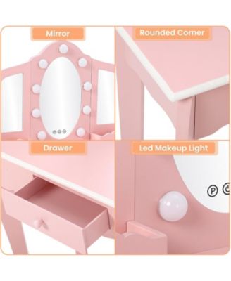 Kids Vanity Set with 3 Mirrors, Pretend Play Girls Vanity Table and Chair Set with Lighted Mirror, Stool, and Wood Makeup Playset