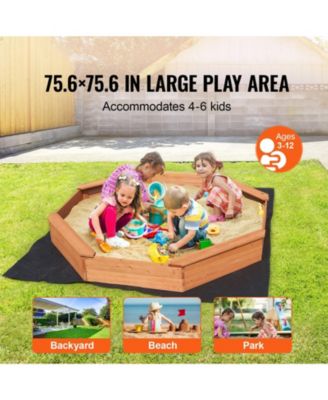Wooden Octagonal Sandbox w/ Cover, 75.6" x 75.6" x 9.1", 4 Seats & Bottom Liner, Ages 3-12