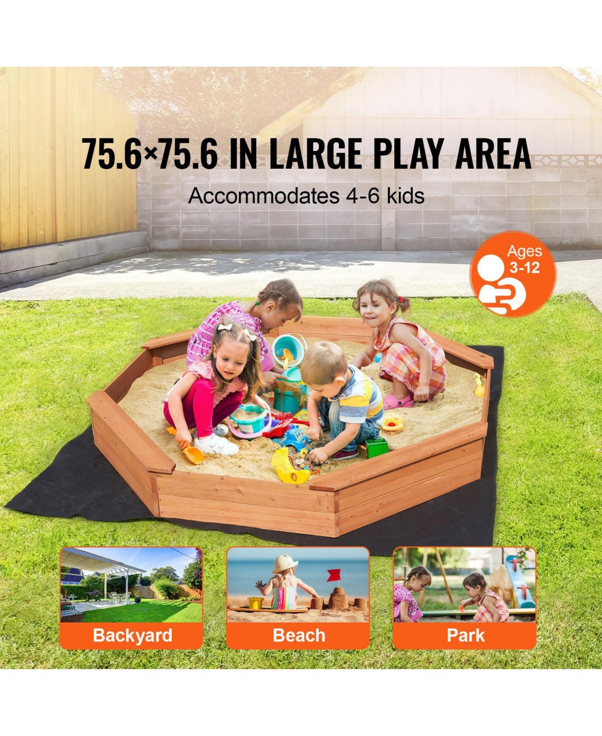 Mecale Wooden Octagonal Sandbox w/ Cover, 75.6" x 75.6" x 9.1", 4 Seats & Bottom Liner, Ages 3-12