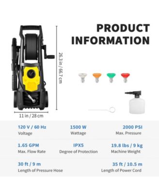 Electric Pressure Washer, 2000 PSI, 1.65 GPM Max, 30 ft Hose with Reel, 5 Nozzles, Foam Cannon, ETL Listed
