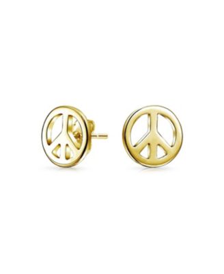 Tiny Peace Sign Pendant Stud Earrings Jewelry Set Gold Plated Sterling Silver
