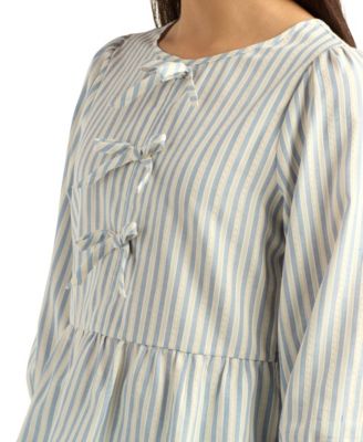 Juniors' Striped Puff-Sleeve Crewneck Peplum Top