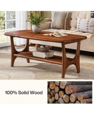 Solid Wood Coffee Table, 47.24” Mid-Century Modern Rectangle Living Room Table, 2-Tier Center Table for Living Room