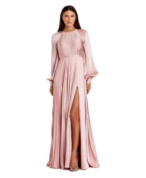 Women's Petite Long Sleeve Pleated High Neck Gown With Slit Dress - Blush
