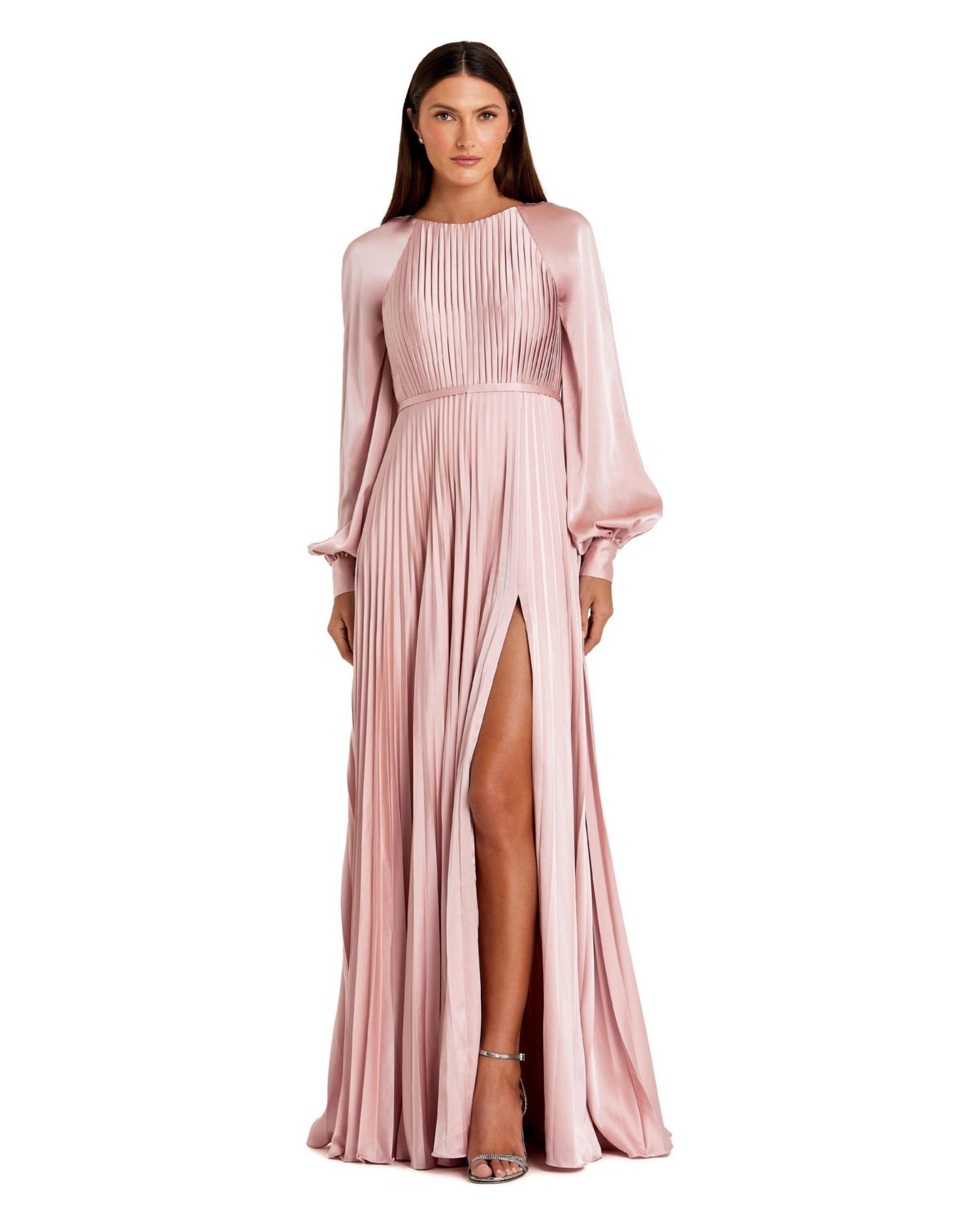 Petite Long Sleeve Pleated High Neck Gown With Slit Dress