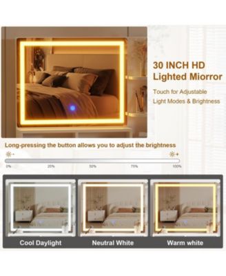 Fluted Vanity Desk with Mirror and Lights, Makeup Vanity Desk with 5 Drawers & Adjustable Shelves