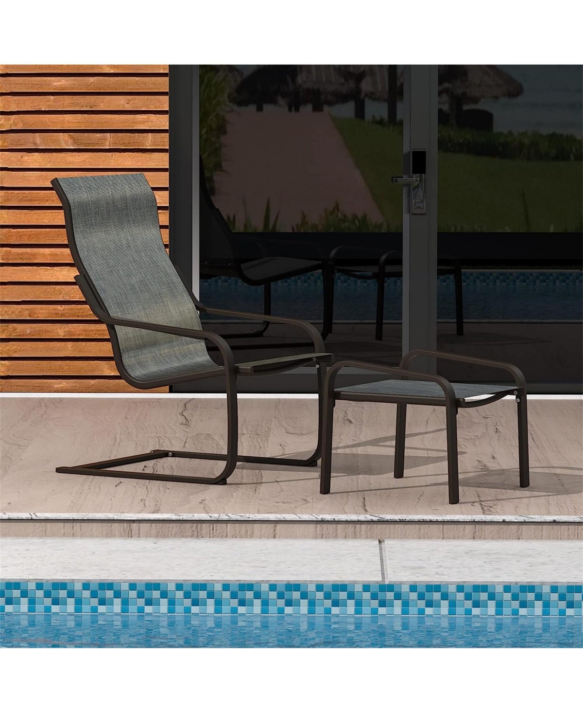 Flynama Outdoor Patio Bistro Set of 2, C Spring Motion Chair, All-Weather Conversation Armchair with Ottoman & Quick Dry Textile