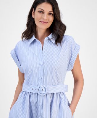 Women's Striped Belted Midi Shirtdress