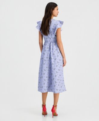 Women's Printed Smocked Flutter Sleeve Midi Dress