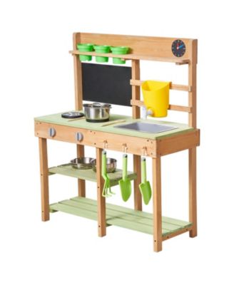 Kids Outdoor Mud Kitchen, Wooden Play Kitchen with Stove, Tank & Sink, Shovels, Spatulas, Box, Cookware Pots & Accessories