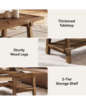 Solid Wood Coffee Table, 47-Inch Rustic Coffee Table for Living Room, 2-Tier Wood Farmhouse Rectangle Center Table with Storage