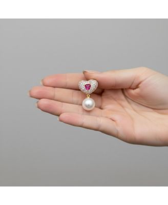 Sterling Silver & 14K Gold-Plated Red Cubic Zirconia Heart Earrings with Pearl Butterfly Drops