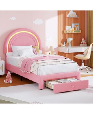 Upholstered LED Bed Frame with Storage Drawer and Rainbow Headboard, Berber Fleece Princess Platform Bed