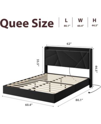 King Floating Bed Frame with LED Lights & Charging Station, Upholstered Storage Headboard with Folding Shelves