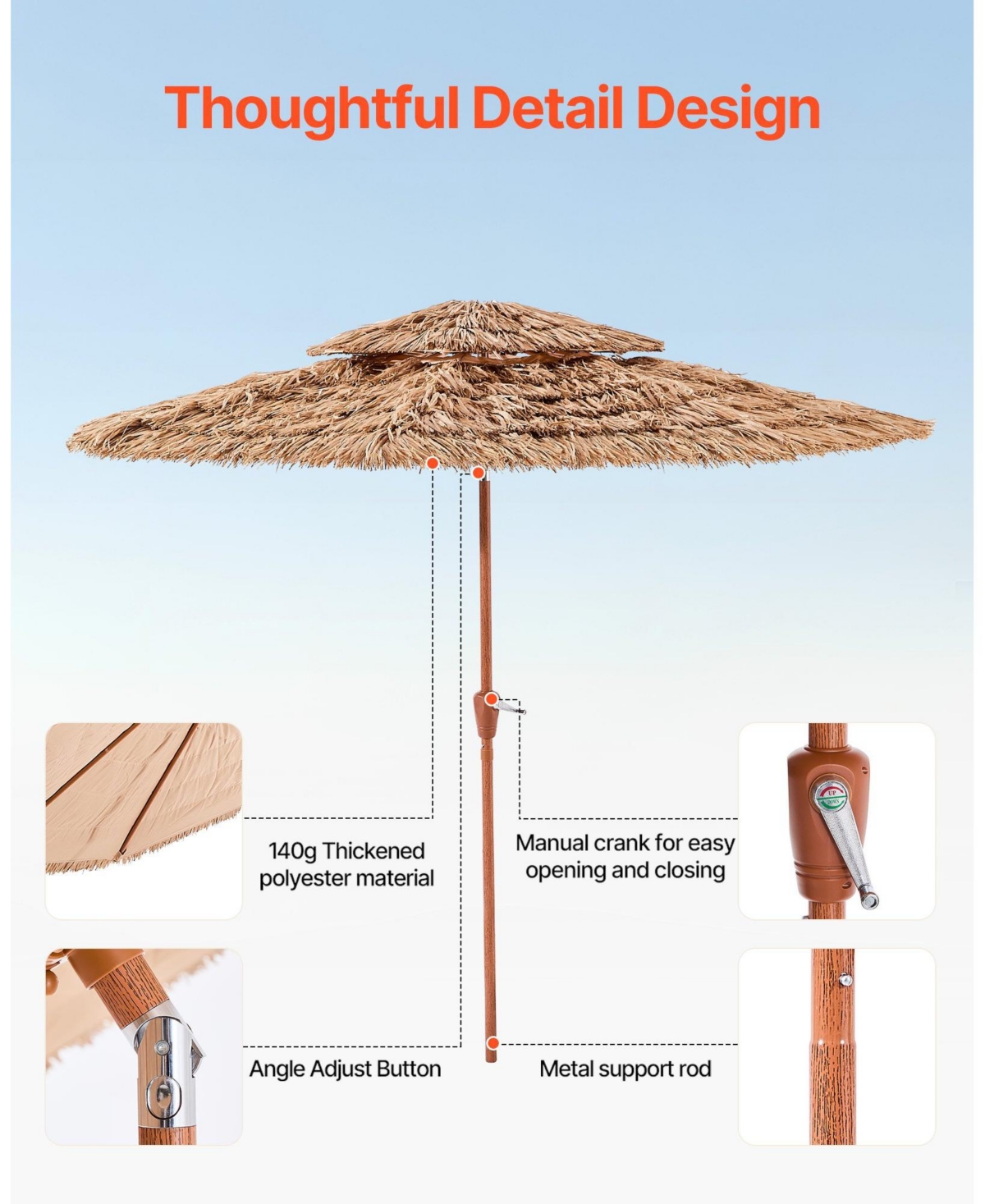 Mecale 9 ft Tiki Patio Umbrella with Tilt, 2-Tier Thatched Hawaiian Style Beach Parasol with Pp Thatch and 8 Metal Ribs