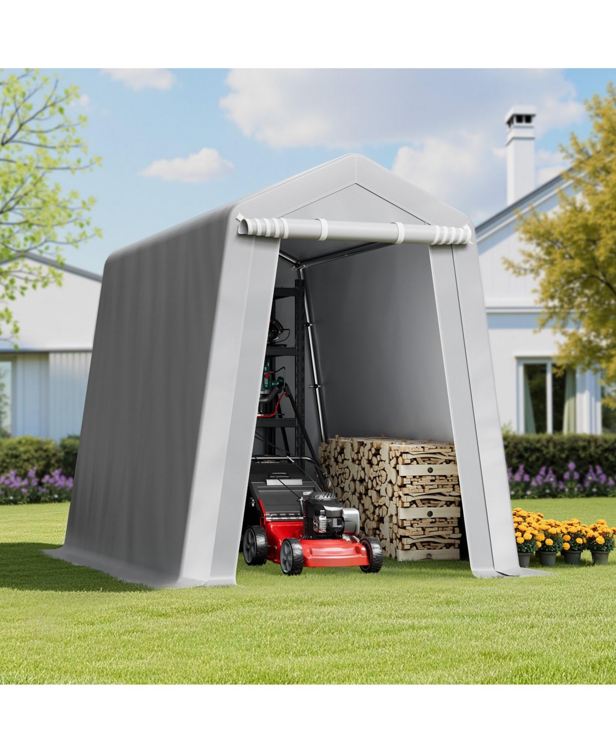 Mecale 6 x 8 ft Outdoor Storage Shed Tent, Waterproof Portable Storage Tent with Roll-Up Door and Vents, Heavy Duty Frame, Grey