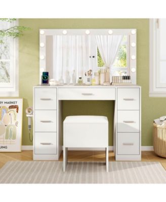 Vanity Desk with Mirror and Lights Storage Stool Power Outlets 3 Lighting Colors